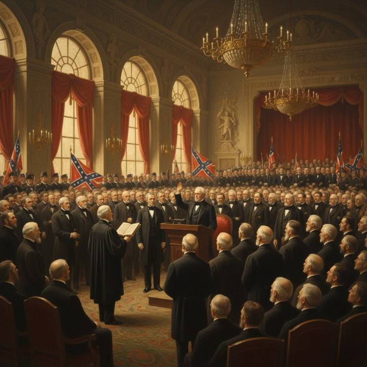 1861 Southern assembly hall lit by warm gaslight, delegates in mid-19th-century attire casting votes as Jefferson Davis stands at the front receiving news of his election as President of the Confederate States.