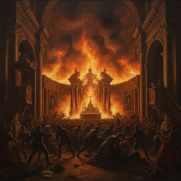 An emotional, dramatic oil painting depicting the 1863 Church of the Company fire in Santiago, Chile.