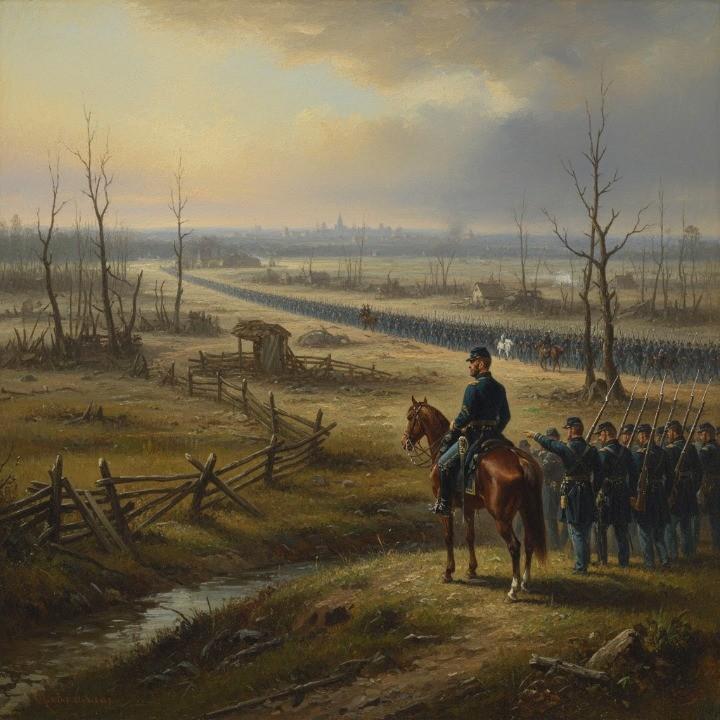 An expansive 19th-century oil painting of General William Tecumseh Sherman’s Union forces approaching the outer defenses of Savannah in 1864.