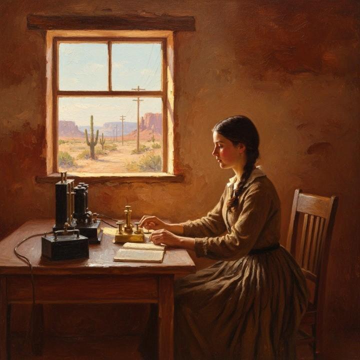 Oil painting of 1871, Pipe Spring, Arizona Territory: teenage telegraph operator Ella Stewart seated at a wooden telegraph desk, tapping the key for the first message.