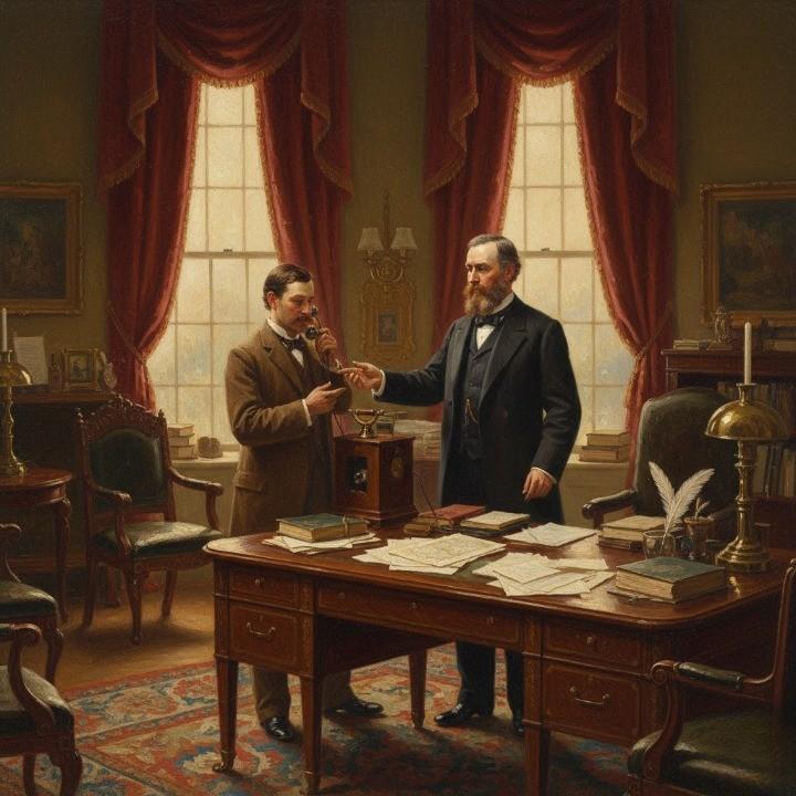 oil painting of President Rutherford B. Hayes in a Victorian White House study examines the first wall-mounted telephone as an aide demonstrates it.