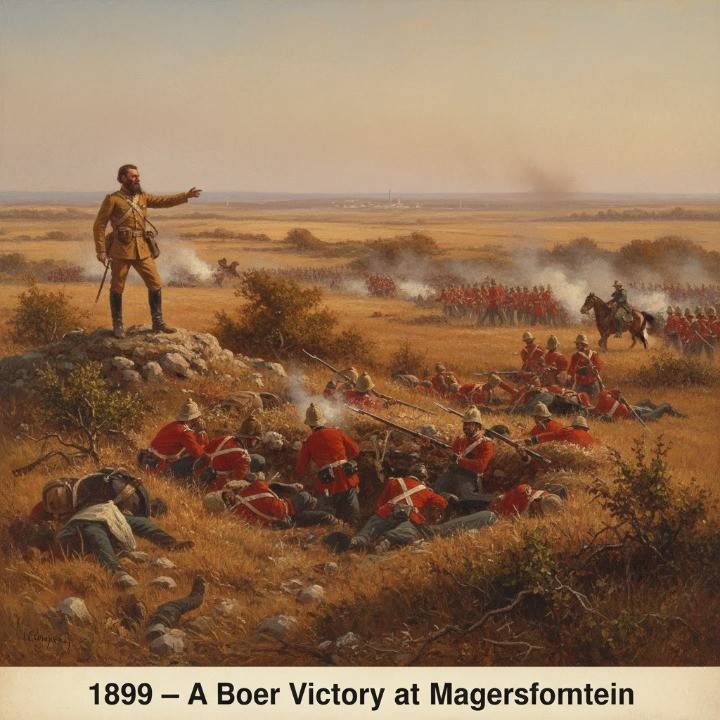 1899 Battle of Magersfontein, Second Boer War; Boer commander Piet Cronjé’s entrenched fighters holding firm against advancing British infantry; dawn light over dusty South African veld;