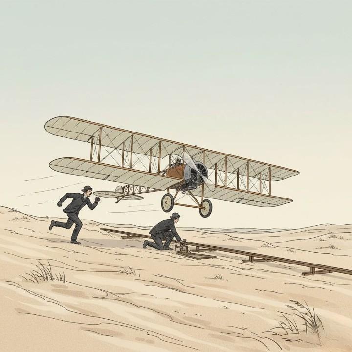 A illustration of Early-aviation scene at Kitty Hawk, 1903: the Wright Brothers preparing the Wright Flyer for their first attempted powered flight on the sandy dunes.