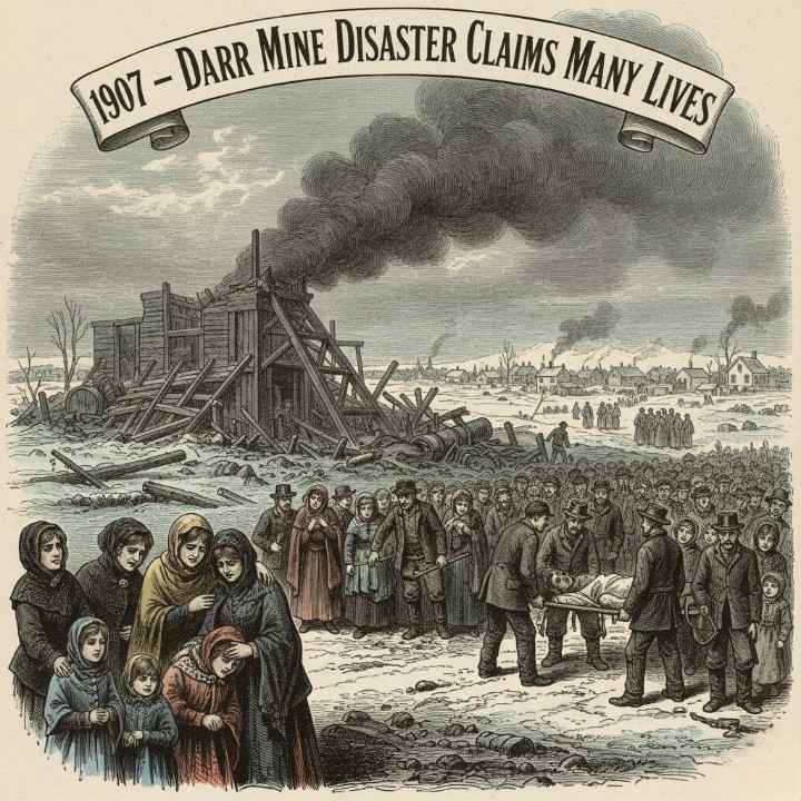 A somber historical illustration set in 1907 at the Darr coal mine in Jacobs Creek, Pennsylvania.