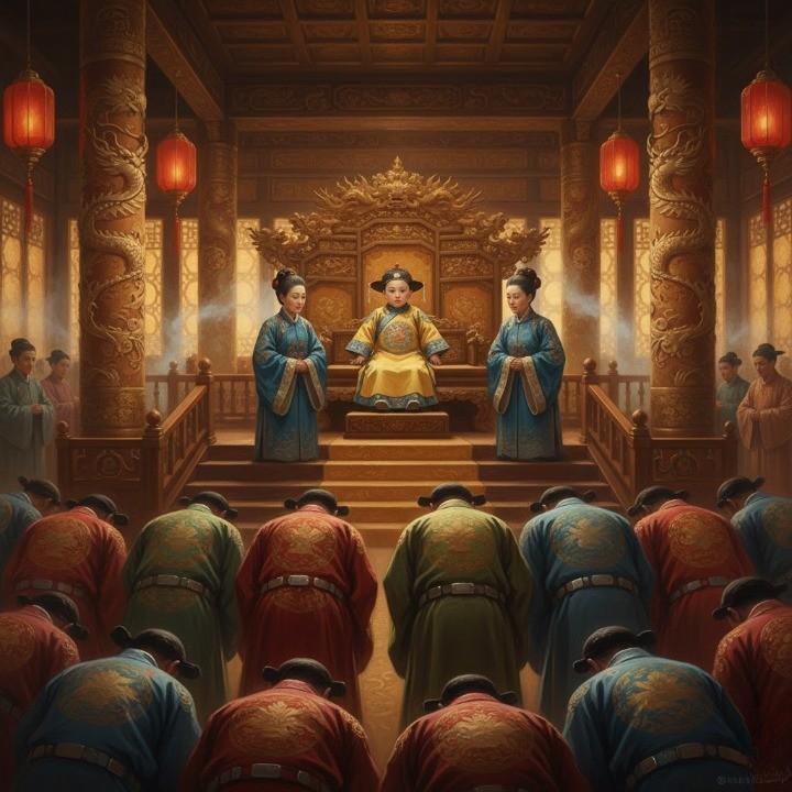 An oil-painted imperial hall of the Forbidden City, glowing with deep reds and golds. At the center, the two-year-old Puyi sits solemnly on the Dragon Throne, attendants gently supporting him.
