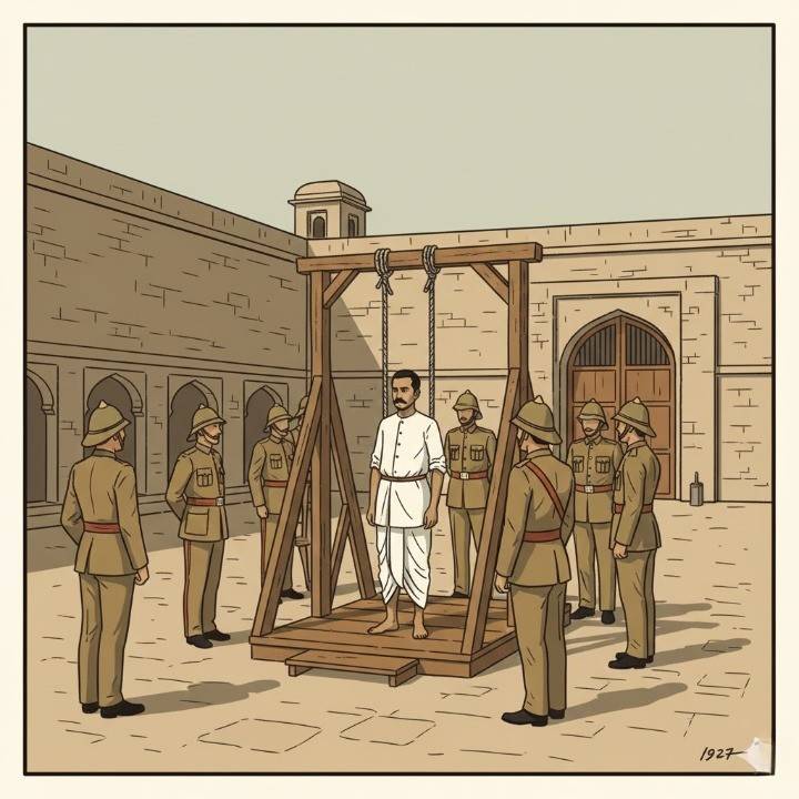A detailed historical illustration of Rajendra Lahiri’s execution in 1927 at Gonda Jail.