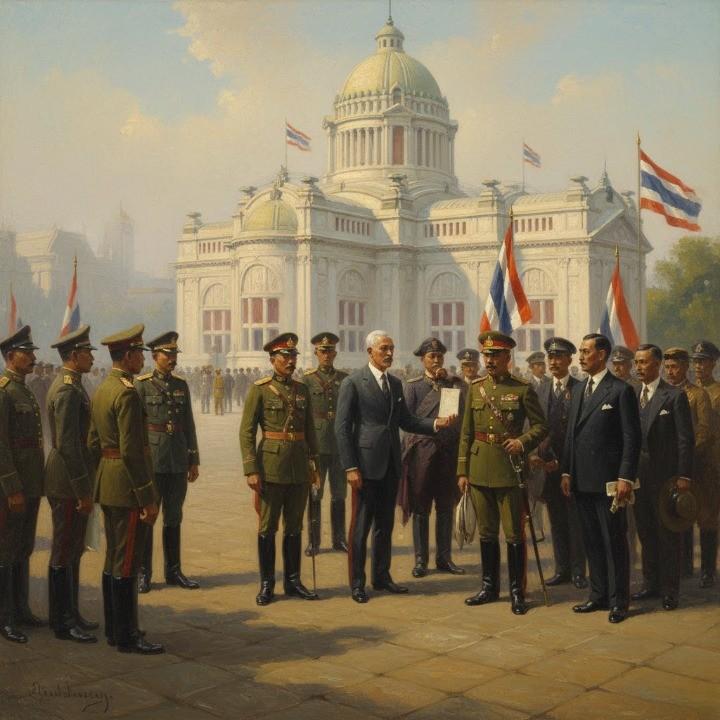 An early-20th-century oil painting depicting the 1932 transformation of Thailand into a constitutional monarchy.