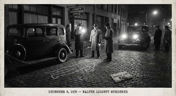 “Create a dramatic oil-painting scene depicting the 1935 murder of journalist Walter Liggett.