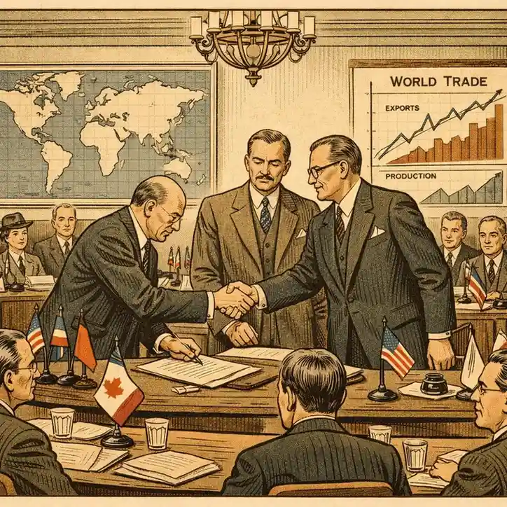 A refined historical illustration depicting the creation of the International Monetary Fund in 1945 at Bretton Woods.