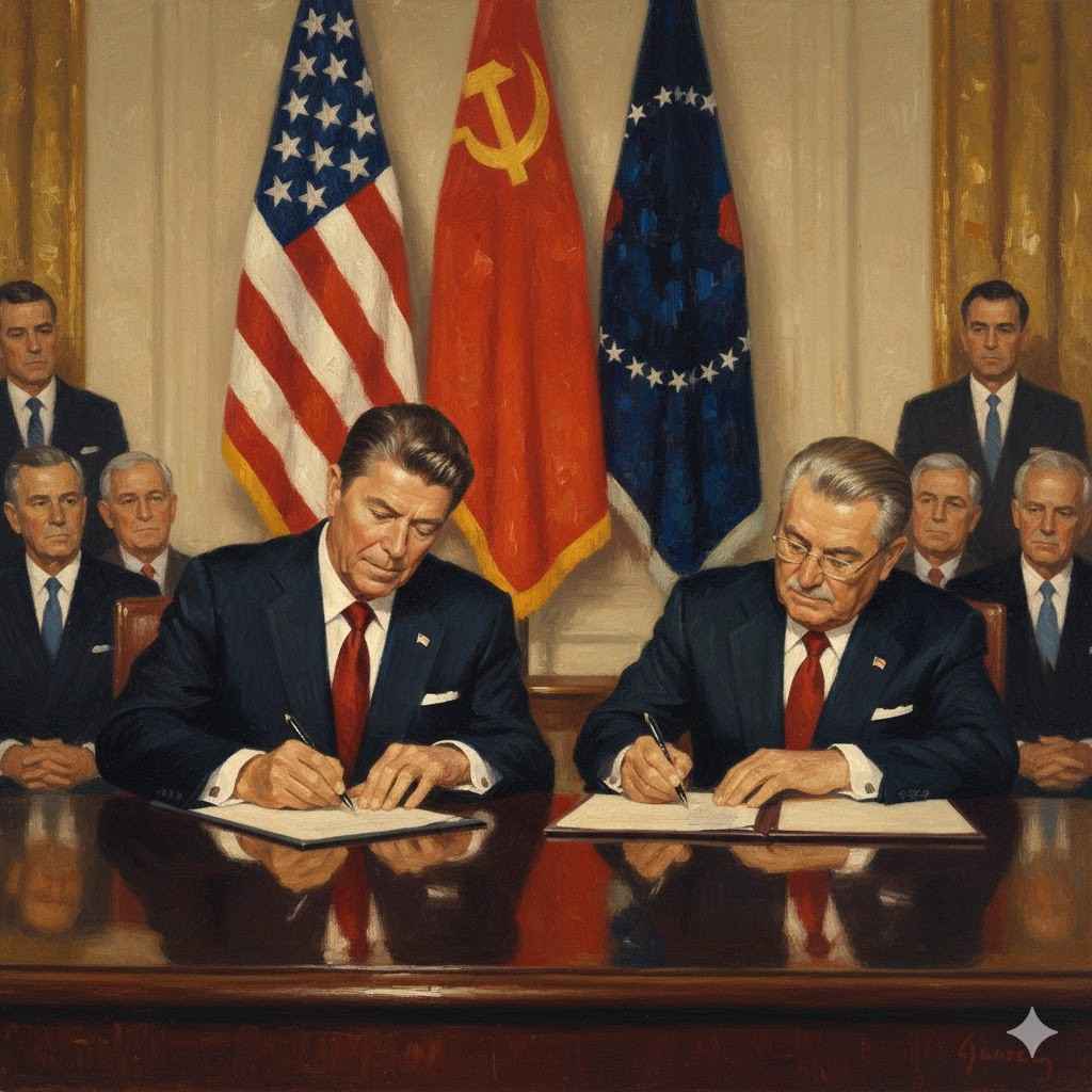 “An atmospheric oil painting of the 1987 INF Treaty signing between Ronald Reagan and Mikhail Gorbachev. Both leaders sit at an ornate table in the East Room of the White House, signing the landmark arms-control agreement.
