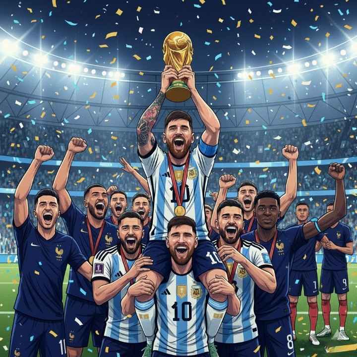 A vibrant, modern illustration capturing Argentina’s 2022 World Cup triumph in Qatar.