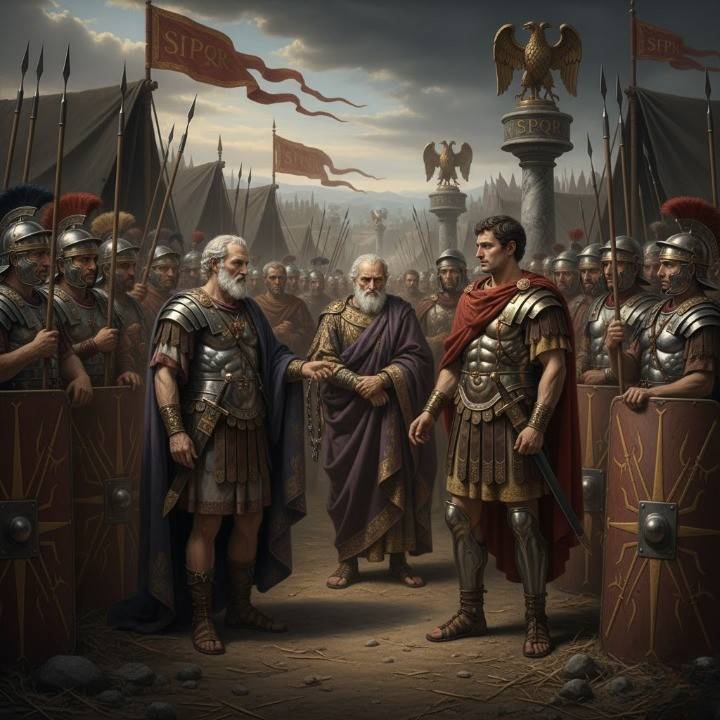 A dramatic historical illustration set in Naissus, 350 AD, inside a grand Roman military camp.