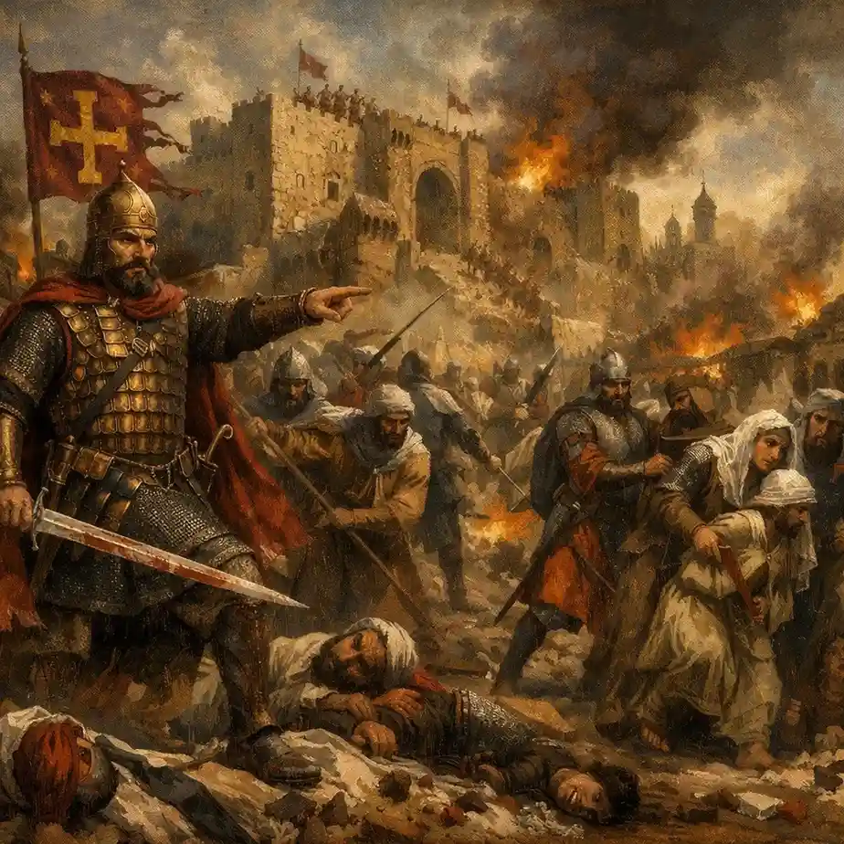 A dramatic medieval oil painting set in 962 CE during the Byzantine sack of Aleppo.