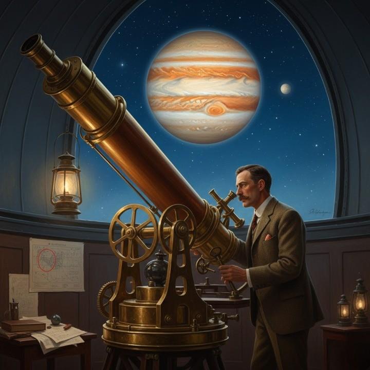 “An early-20th-century astronomer, Charles Dillon Perrine, standing beside the giant refractor at Lick Observatory under a clear night sky. Soft lantern light glows on brass telescope fittings as he peers through the eyepiece.