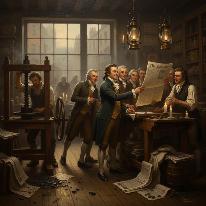 oil painting of Late-18th-century London print shop lit by warm candlelight, editors and printers gathered around the freshly printed first edition of The Observer. Ink-stained hands, wooden presses, scattered type blocks, and curling sheets of newsprint.