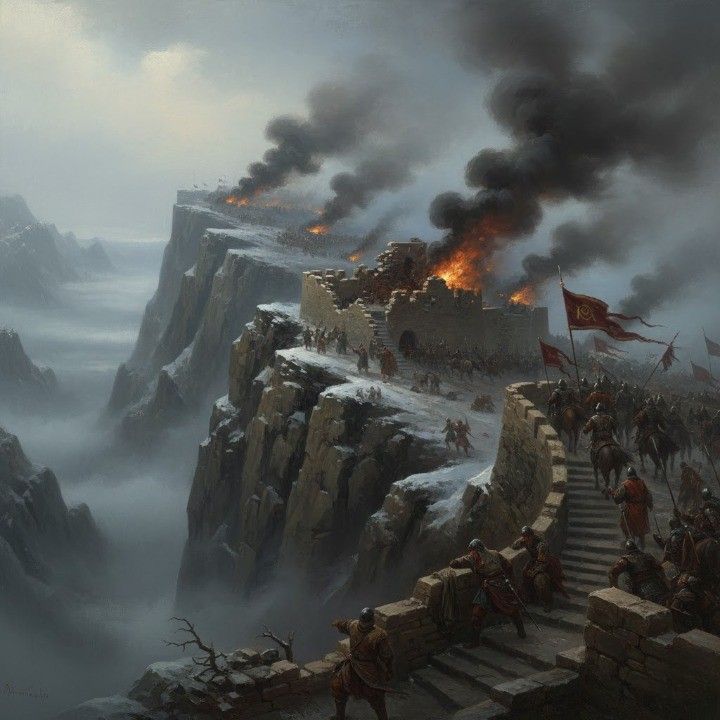 Dramatic oil painting of 13th-century siege at the mountain fortress of Alamut as Hulagu Khan’s Mongol forces advance through winter haze.