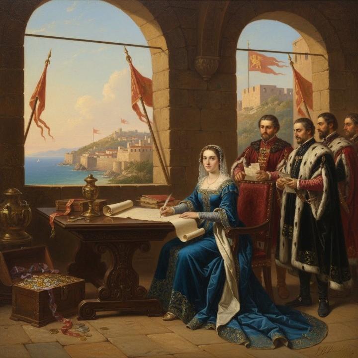 1388 medieval Greece, the sale of Argos and Nauplia; Maria of Enghien seated at a carved wooden table, signing the transfer documents with Venetian envoys