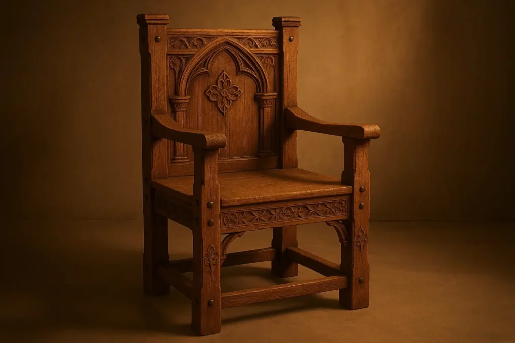 A pic of a detailed Middle Ages wooden chair, inspired by 12th–15th century medieval craftsmanship.