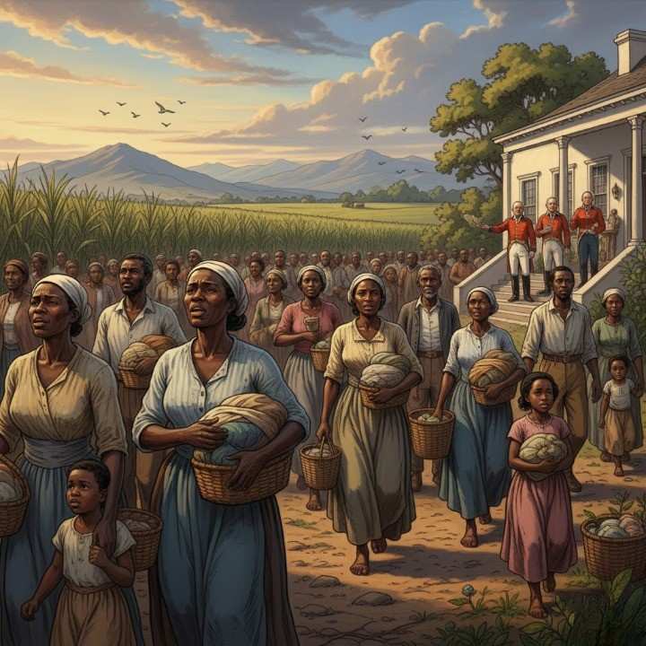 A dramatic, narrative illustration depicting the moment of emancipation in the Cape Colony. Freed men and women walk away from colonial plantations, their faces a mix of relief, hope, and uncertainty.