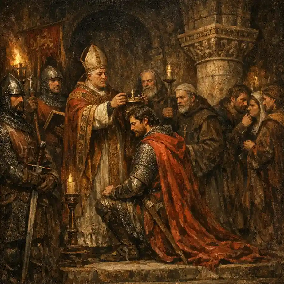 A dramatic medieval oil painting set in London, 1135. Inside a dimly lit stone church, Stephen of Blois is shown being privately crowned, a simple crown placed upon his head as anxious clergy look on.