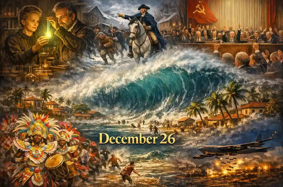 Courageous revolts and devastating natural events show what happened on this day in history December 26, featuring Washington’s victory at Trenton and the tragic 2004 Tsunami.