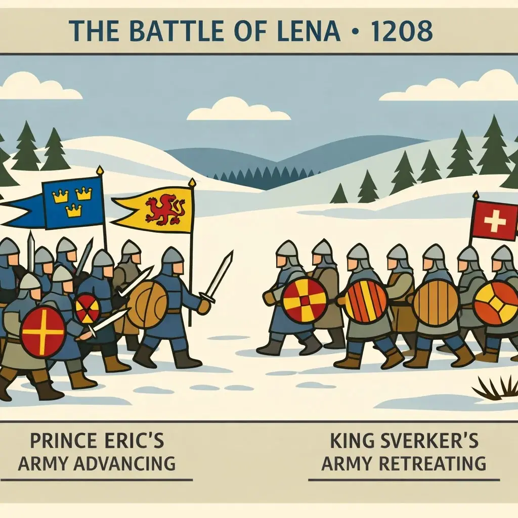 Flat illustration of the 1208 Battle of Lena showing Prince Eric’s victory over King Sverker II, leading to Eric’s rise as king of Sweden.