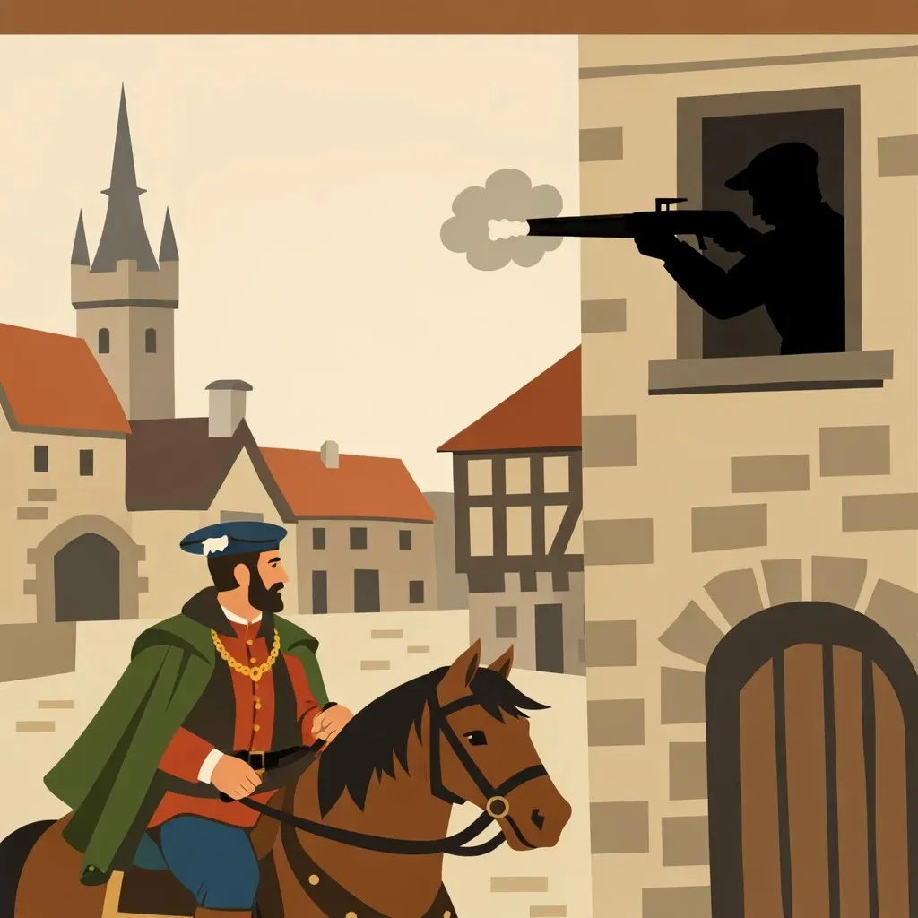 Flat illustration showing the 1570 assassination of Scotland’s regent James Stewart, shot from a window in Linlithgow in the first recorded firearm killing of a head of government.
