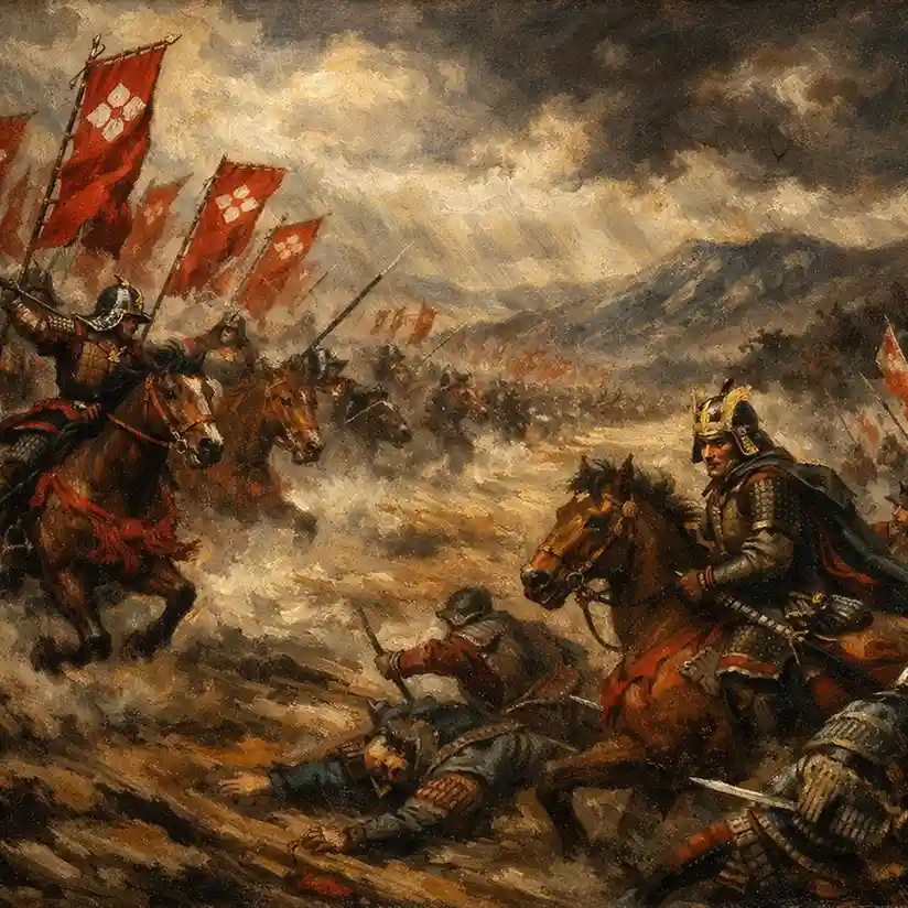 Oil painting of the 1573 Battle of Mikatagahara showing Takeda Shingen’s powerful cavalry charge overwhelming Tokugawa Ieyasu’s forces during Japan’s Sengoku period.