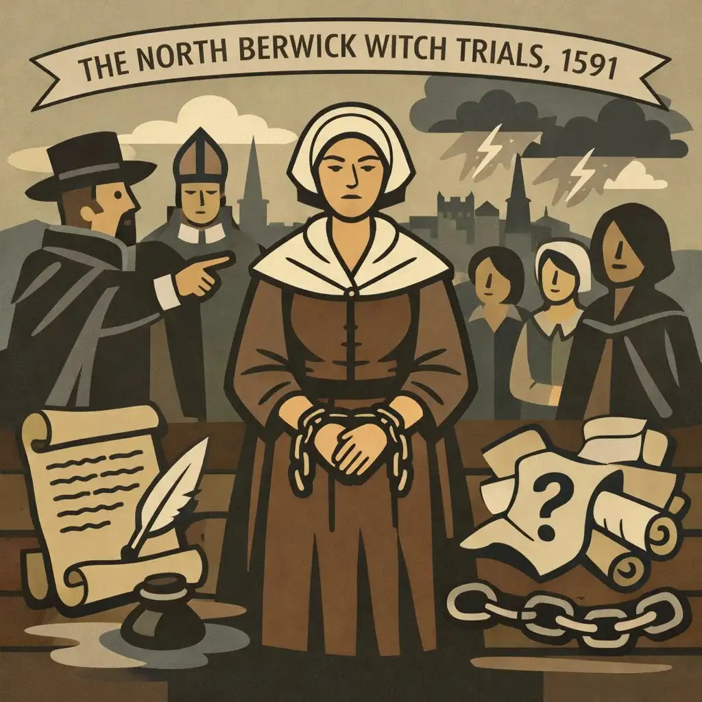 Flat illustration symbolizing the 1591 execution of Agnes Sampson in Edinburgh during the North Berwick witch trials amid widespread witch-hunting fear.