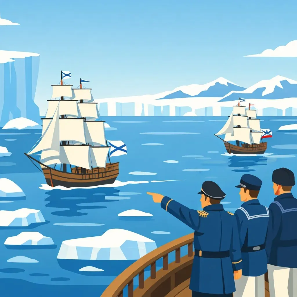 Flat illustration of Russian ships Vostok and Mirny sighting Antarctica in 1820, marking the first recorded discovery of the southern continent.