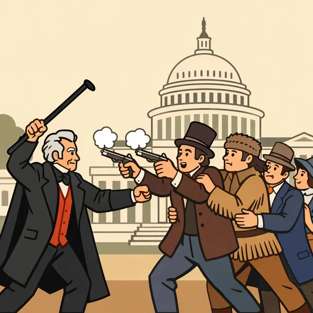 Flat illustration of the 1835 assassination attempt on Andrew Jackson outside the U.S. Capitol, showing misfired pistols and the president defending himself with a cane.