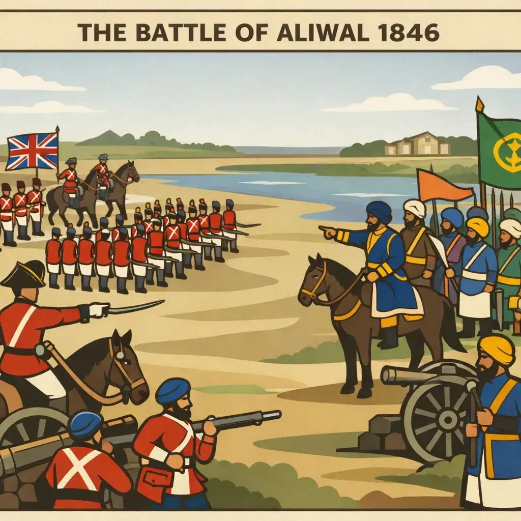 Flat illustration of the 1846 Battle of Aliwal showing British and Sikh forces facing off in a decisive clash of the First Anglo-Sikh War.