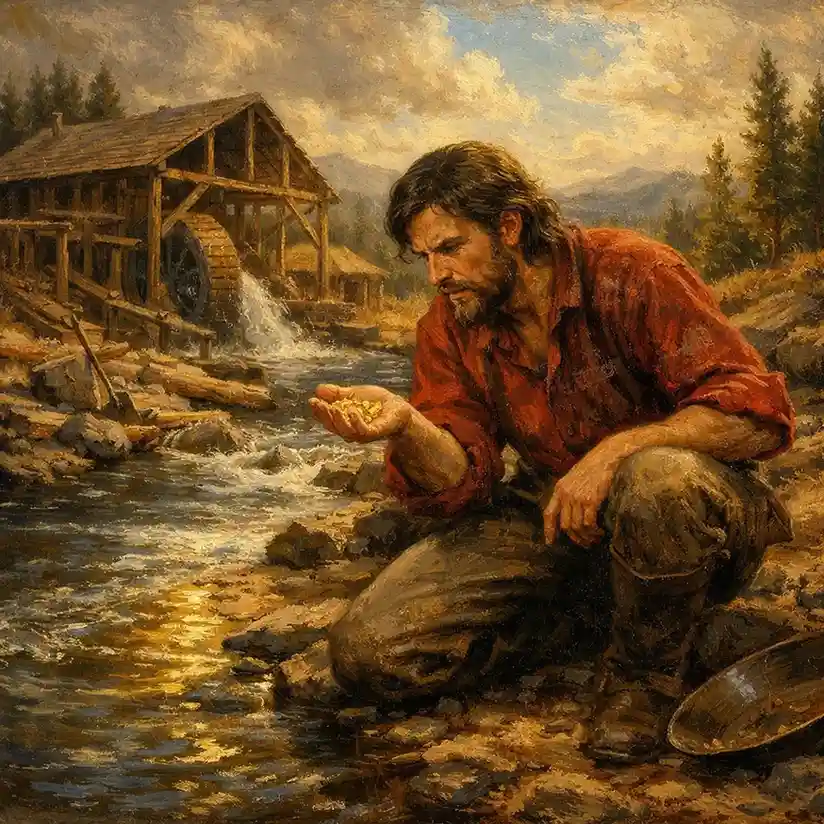 Oil painting of James W. Marshall discovering gold at Sutter’s Mill in 1848, a moment that sparked the California Gold Rush and transformed the American West.