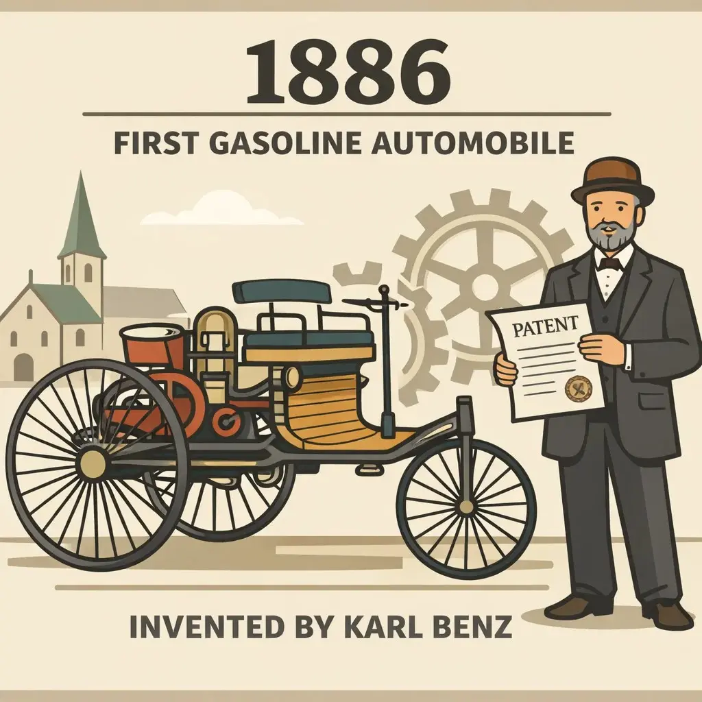 Flat illustration of Karl Benz and the 1886 Patent-Motorwagen, marking the invention of the first successful gasoline-powered automobile.