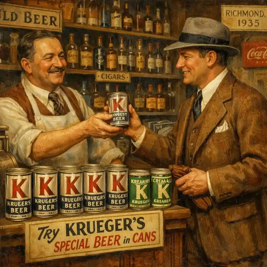 Oil painting of the first canned beer being sold in 1935 by the Gottfried Krueger Brewing Company, marking a major innovation in the beverage industry.