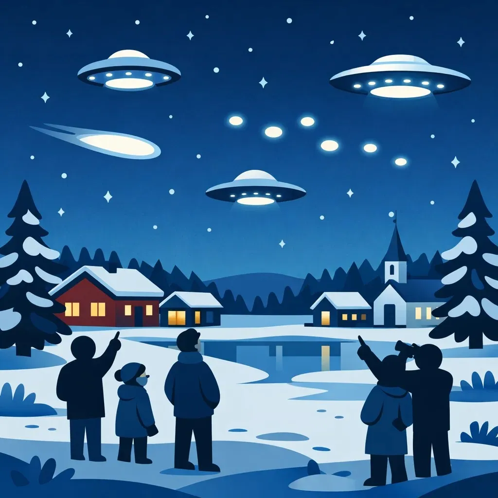 Flat illustration of mysterious UFO lights appearing over Pudasjärvi, Finland, during the notable 1971 sightings that drew scientific and public attention.