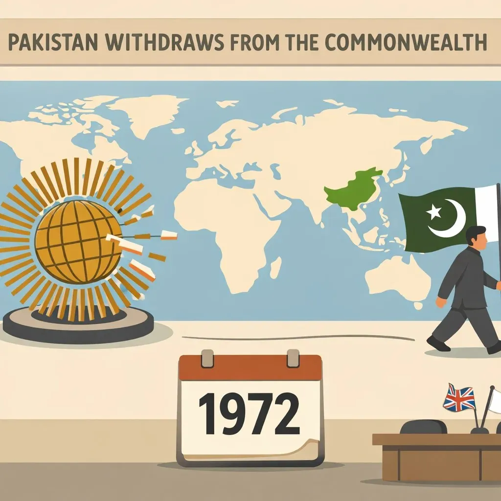 Flat illustration symbolizing Pakistan’s 1972 withdrawal from the Commonwealth of Nations following the recognition of Bangladesh.