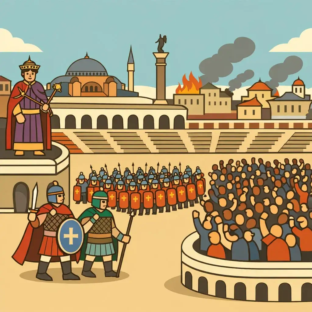 Flat illustration of the 532 Nika Riots ending in Constantinople, with Emperor Justinian I restoring control after rebels were cornered in the Hippodrome.