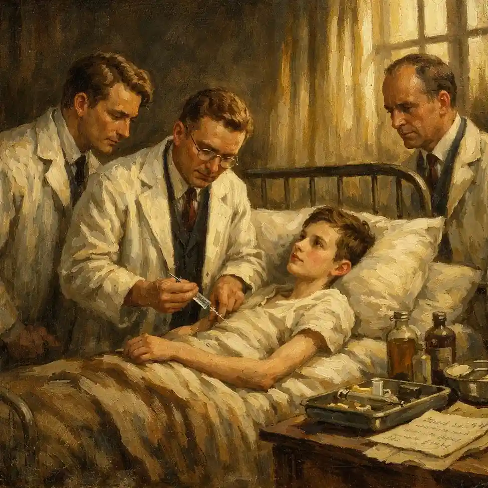 Oil painting of a historic 1922 hospital scene showing a young boy lying in bed as doctors administer the first successful insulin treatment.