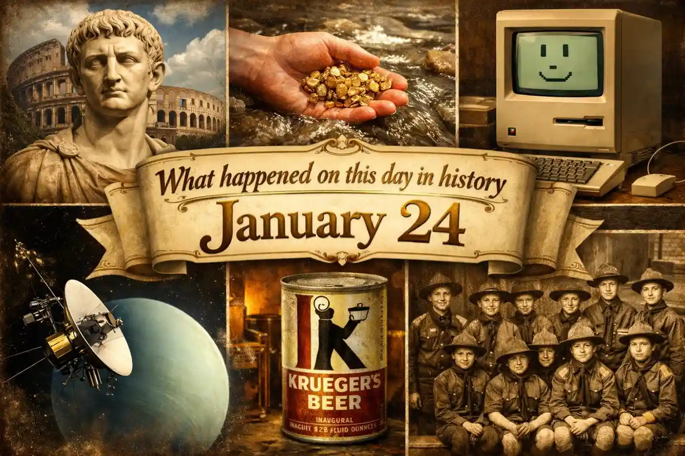 Review the major events and find out what happened on this day in history January 24, from the discovery of gold to the launch of the Macintosh.