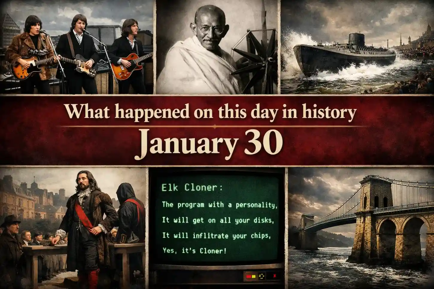 Witness the events of a world-changing date and see what happened on this day in history January 30, from the rooftop concert of the Beatles to the death of Gandhi.