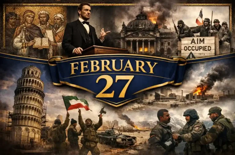 Witness the intense global struggles for power and liberation in what happened on this day in history February 27, including the Reichstag fire and the liberation of Kuwait.