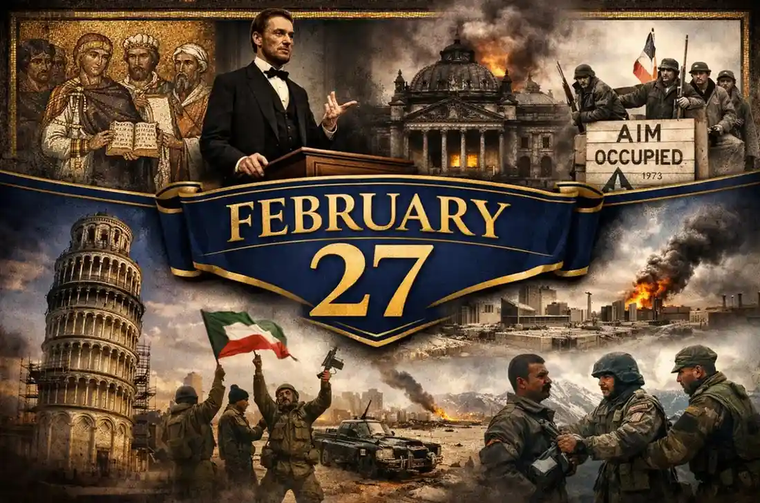 Witness the intense global struggles for power and liberation in what happened on this day in history February 27, including the Reichstag fire and the liberation of Kuwait.