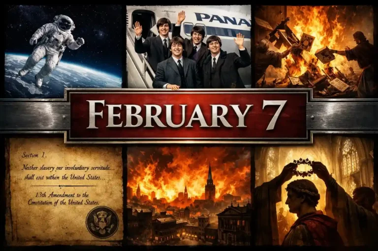 Review the breakthroughs and transitions that define what happened on this day in history February 7, featuring the first untethered spacewalk and Haiti's first democratic election.