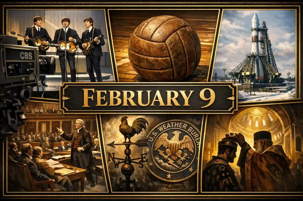 Review the major political and cultural shifts and see what happened on this day in history February 9, from the Beatles' US debut to the invention of volleyball.