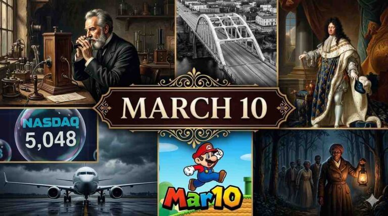 Explore the pivotal moments of what happened on this day in history March 10, from Bell’s first telephone call to the peak of the Dot-com bubble.