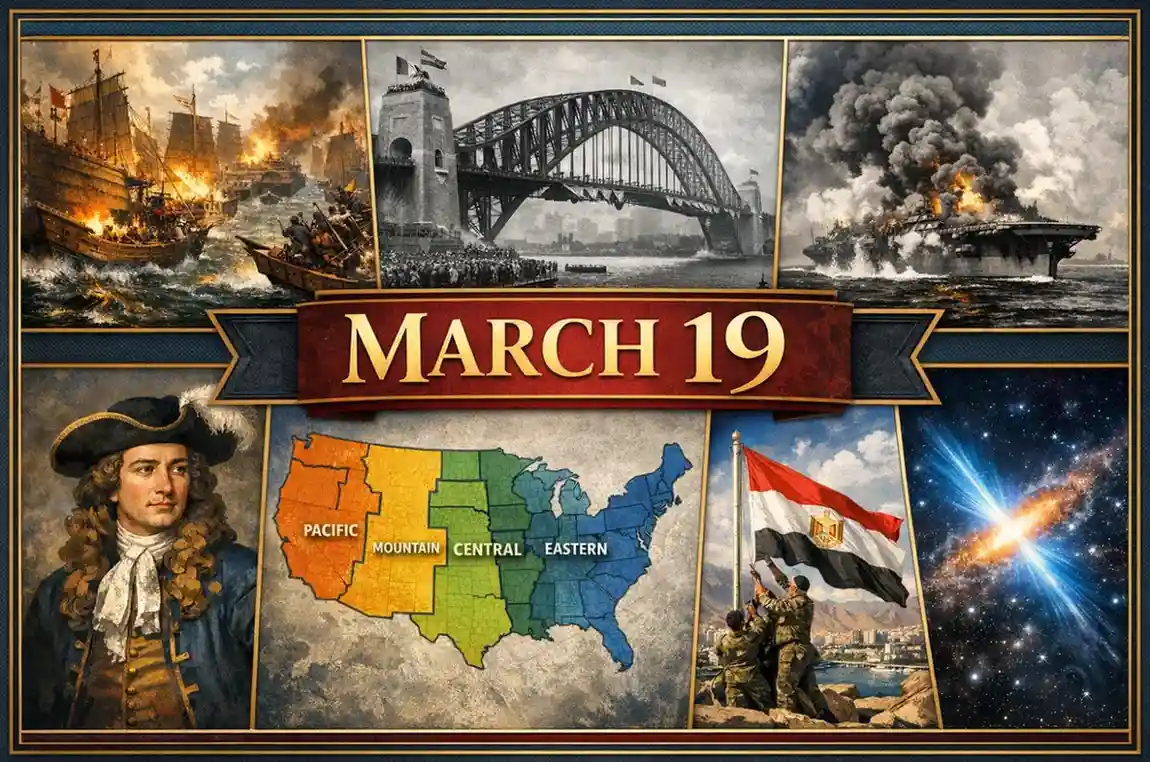 Observe the administrative and scientific milestones of this day in history March 19, including the establishment of time zones and the discovery of a cosmic burst.