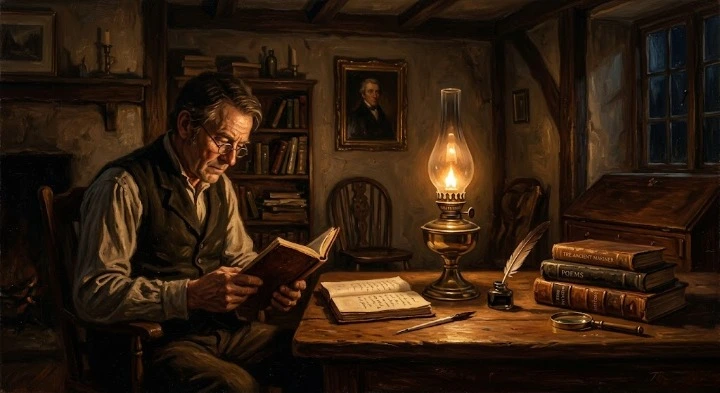 An atmospheric 19th-century oil painting of a man reading by a kerosene lamp in a dark room, illustrating how did people light their homes before electricity?