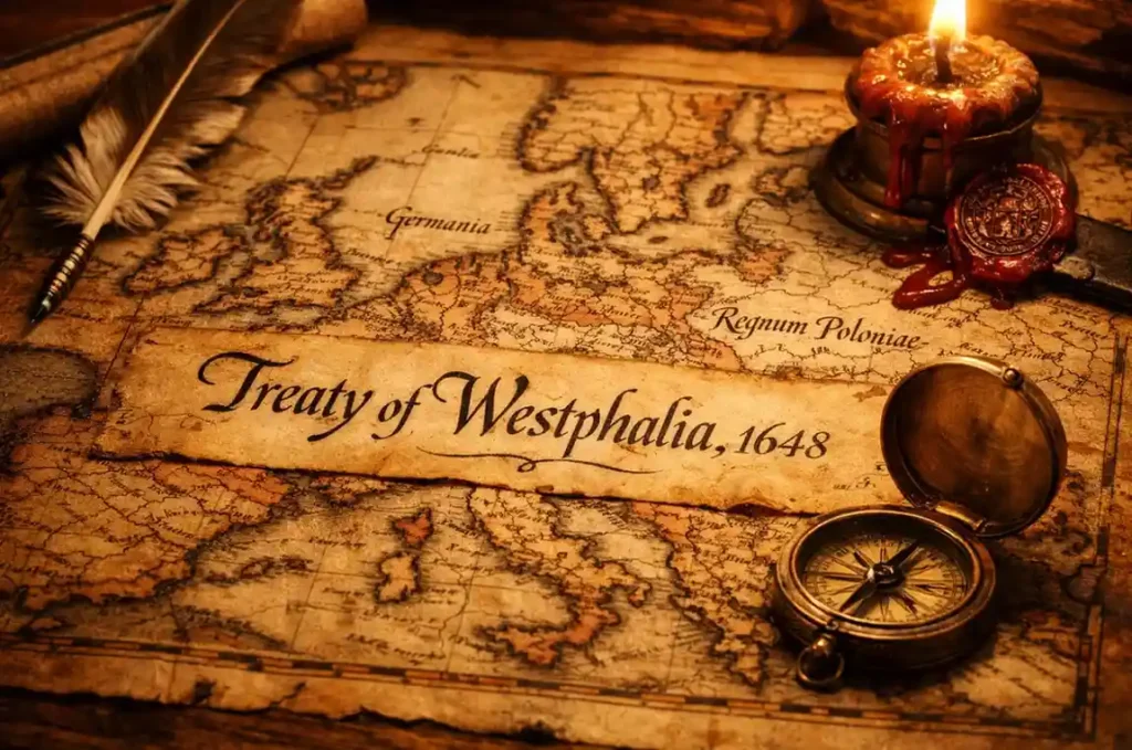 An aged 1648 vintage map of Europe highlighting the borders of the Holy Roman Empire, resting on a rustic desk next to a feathered quill and brass compass, with "Treaty of Westphalia" text in sharp focus under warm candlelight.