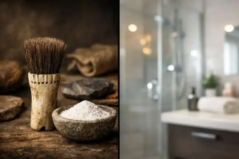 "A photorealistic split-screen comparing ancient tools and modern dental care, titled: How Did People Brush Their Teeth Before Toothpaste?"